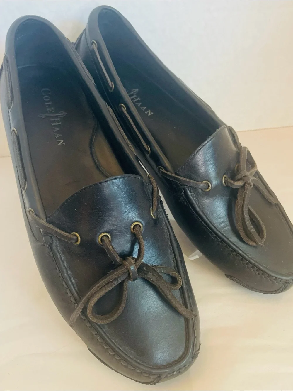 Cole Haan Mens Boat Shoes Slip On Loafers Real Black Leather Moccassins Size 8